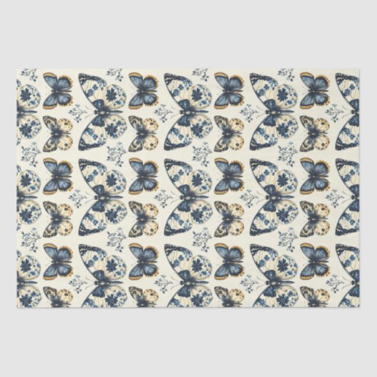 ヴィンテージブルークリームシャビーシックな蝶のデコップページ 薄葉紙 (正面)