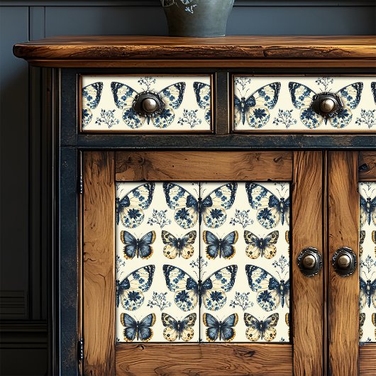 ヴィンテージブルークリームシャビーシックな蝶のデコップページ 薄葉紙