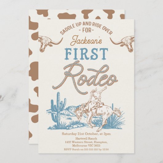 ヴィンテージブルーグリーンカウボーイファーストRodeo 1st誕生日 招待状 (正面/裏面)