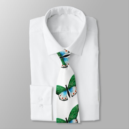 ヴィンテージブルーグリーンバタフライイラストレーション ネクタイ (タイ)