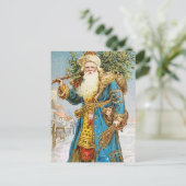 ヴィンテージブルーコートサンタクロースとクリスマスツリー シーズンポストカード (スタンド正面)