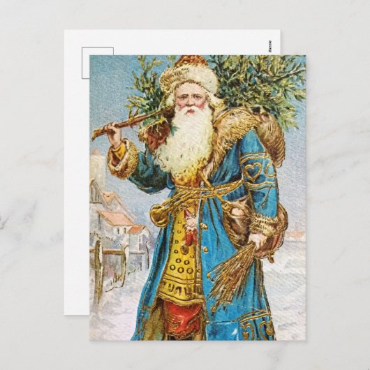ヴィンテージブルーコートサンタクロースとクリスマスツリー シーズンポストカード (正面/裏面)