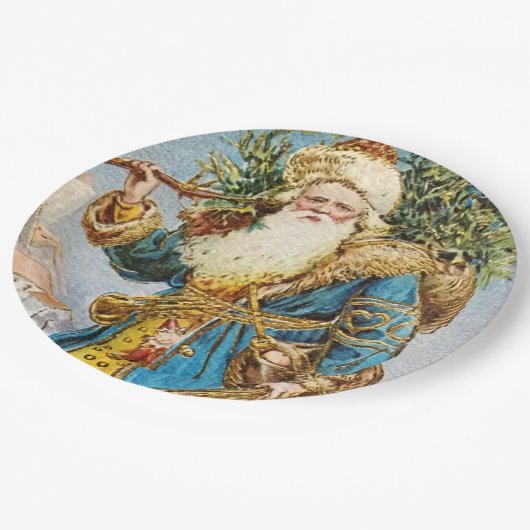 ヴィンテージブルーコートサンタクロースとクリスマスツリー ペーパープレート (アングル)