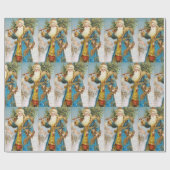 ヴィンテージブルーコートサンタクロースとクリスマスツリー ラッピングペーパー (フラット)