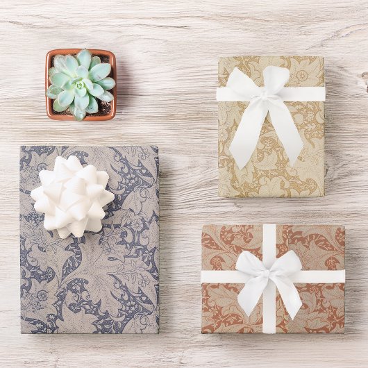 ヴィンテージブルーゴールデンレッドフローラモリスパターン ラッピングペーパーシート