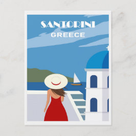 ヴィンテージブルーサントリーニギリシャ旅行女性 ポストカード