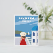 ヴィンテージブルーサントリーニギリシャ旅行女性 ポストカード (スタンド正面)