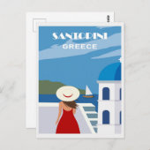 ヴィンテージブルーサントリーニギリシャ旅行女性 ポストカード (正面/裏面)