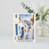ヴィンテージブルーサントリーニギリシャ旅行女性 ポストカード (スタンド正面)