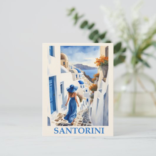 ヴィンテージブルーサントリーニギリシャ旅行女性 ポストカード (スタンド正面)