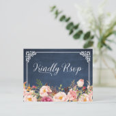 ヴィンテージブルーシャルボードフローラ結婚式RSVP インビテーションポストカード (スタンド正面)