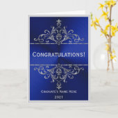 ヴィンテージブルーシルバーネーム祝福卒業 カード (黄色い花)