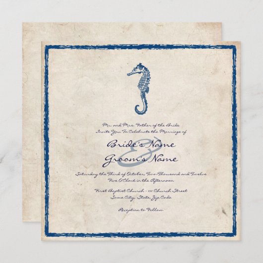 ヴィンテージブルーシーホースビーチ結婚式招待状 招待状 (正面/裏面)