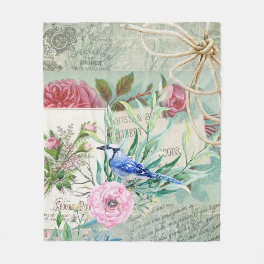 ヴィンテージブルージェイバードピンクローズフローラコラージュ フリースブランケット (正面)