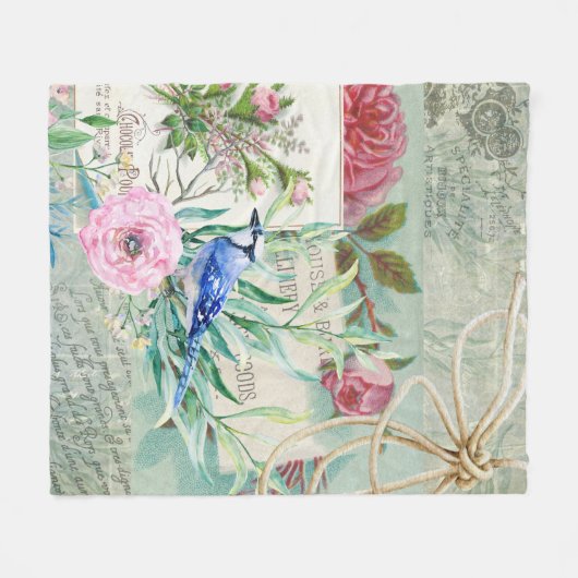 ヴィンテージブルージェイバードピンクローズフローラコラージュ フリースブランケット (正面(横))