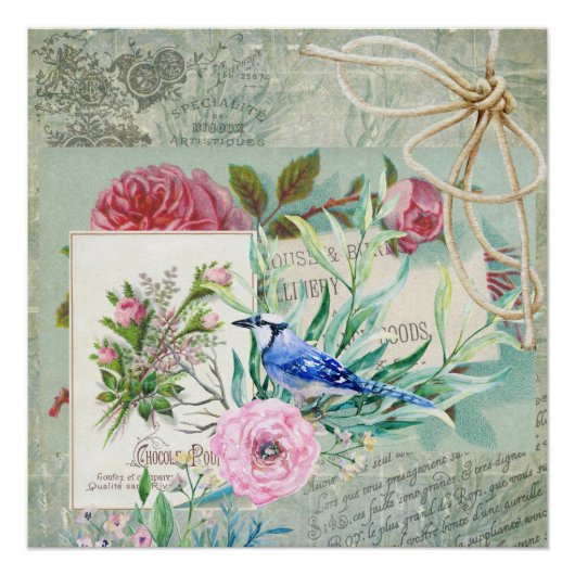 ヴィンテージブルージェイバードピンクローズフローラコラージュ ポスター (正面)