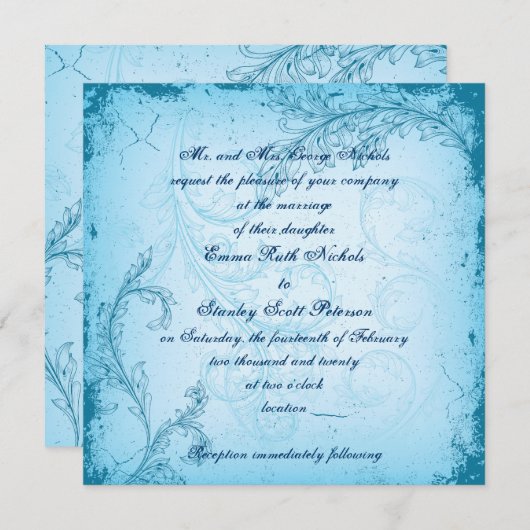 ヴィンテージブルースクロールリーフの招待 招待状 (正面/裏面)