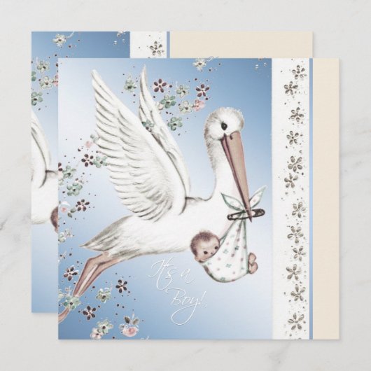 ヴィンテージブルーストーク男の赤ちゃんシャワー招待状 招待状 (正面/裏面)