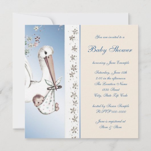 ヴィンテージブルーストーク男の赤ちゃんシャワー招待状 招待状 (裏面)