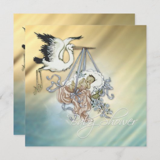 ヴィンテージブルーストーク男の赤ちゃんシャワー 招待状 (正面/裏面)