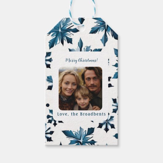 ヴィンテージブルースノーフレーククリスマスフォトシール ギフトタグ (正面)