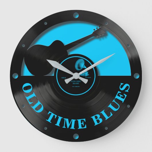 ヴィンテージブルースレコードウィズギター切り出し ラージ壁時計 (正面)