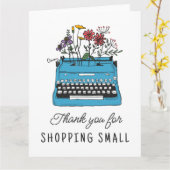 ヴィンテージブルータイプライターありがとう小ショッピング カード (黄色い花)