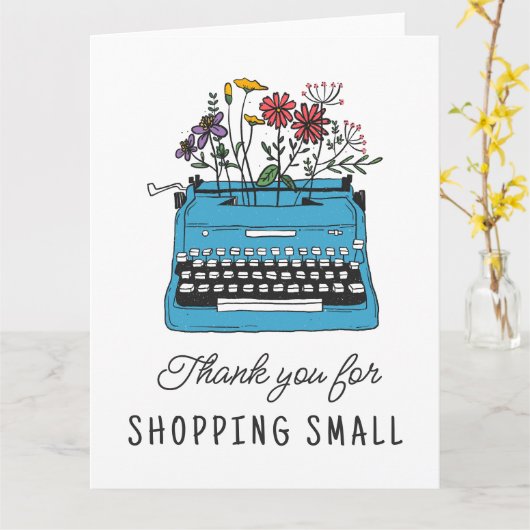 ヴィンテージブルータイプライターありがとう小ショッピング カード (黄色い花)