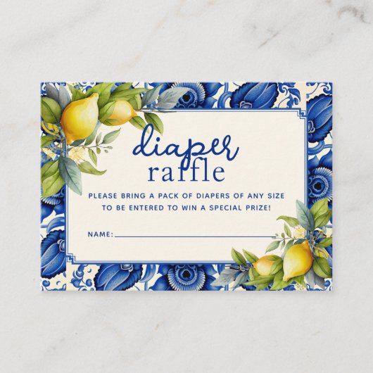 ヴィンテージブルータイルイエローレモンおむつラッフル エンクロージャーカード (正面)