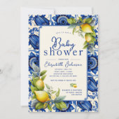 ヴィンテージブルータイルイエローレモン赤ちゃんシャワー 招待状 (正面)