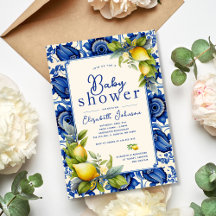 ヴィンテージブルータイルイエローレモン赤ちゃんシャワー