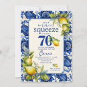 ヴィンテージブルータイルイエローレモン70誕生日 招待状 (正面)
