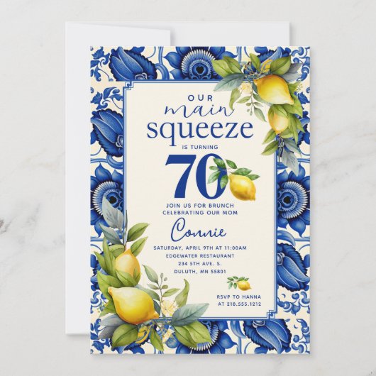 ヴィンテージブルータイルイエローレモン70誕生日 招待状 (正面)