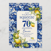 ヴィンテージブルータイルイエローレモン70誕生日 招待状 (正面/裏面)