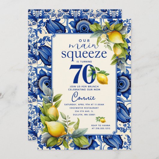 ヴィンテージブルータイルイエローレモン70誕生日 招待状 (正面/裏面)