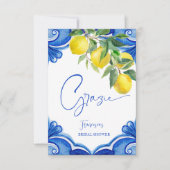 ヴィンテージブルータイルレモンイタリアンブライダルシャワー サンキューカード (正面)