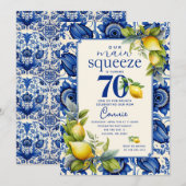 ヴィンテージブルータイル イエローレモン 70歳の誕生日 招待状 (正面/裏面)