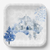 ヴィンテージブルータウンネズミコラージュクリスマス ペーパープレート (正面)