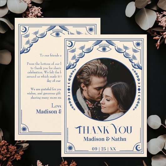 ヴィンテージブルータロットカード結婚写真ありがとう サンキューカード