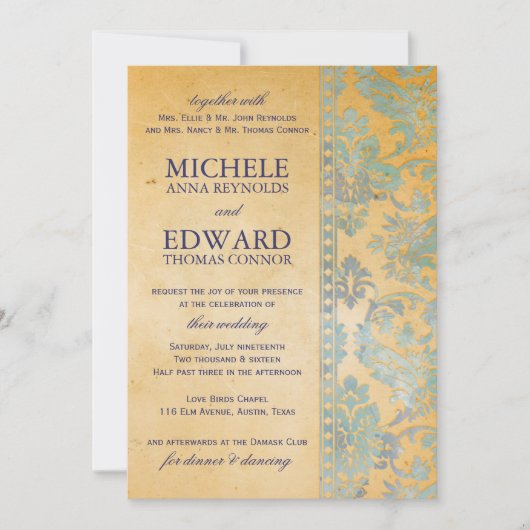 ヴィンテージブルーダマスクレース結婚ズ 招待状 (正面)