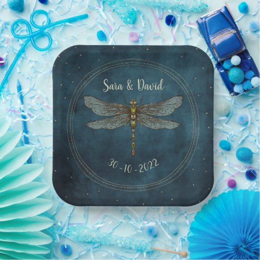 ヴィンテージブルーダークゴシック神秘的ドラゴンフライ結婚ズ ペーパープレート (パーティー)