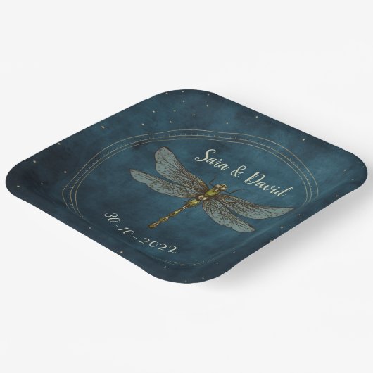 ヴィンテージブルーダークゴシック神秘的ドラゴンフライ結婚ズ ペーパープレート (傾斜あり)