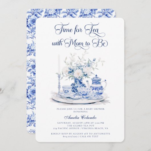 ヴィンテージブルーチンノッセリーベビーシャワーティーパーティー 招待状 (正面/裏面)
