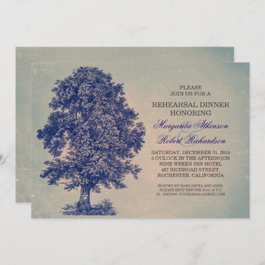 ヴィンテージブルーツリーの田舎風リハーサルディナー招待状 招待状 (正面/裏面)