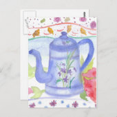 ヴィンテージブルーティーコーヒーポット水彩花 ポストカード (正面/裏面)