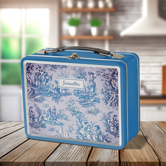 ヴィンテージブルーティール（緑がかった色）トワールデジュイ印刷 メタルランチボックス