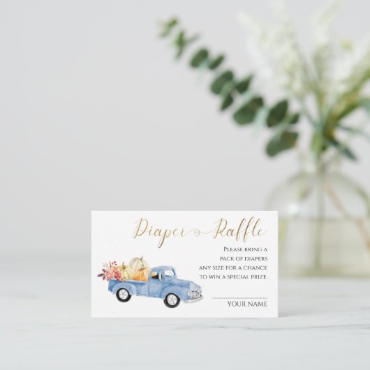 ヴィンテージブルートラックおむつラッフル秋ベビーシャワー エンクロージャーカード (スタンド正面)
