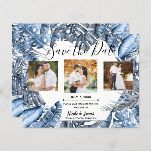 ヴィンテージブルートロピカルパームズウェディング日付を保存 (正面/裏面)