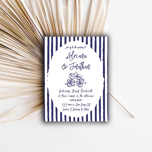 ヴィンテージブルーハンドドロー結婚ド 招待状