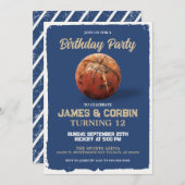 ヴィンテージブルーバスケットボール任意の年齢の誕生日パーティー 招待状 (正面/裏面)